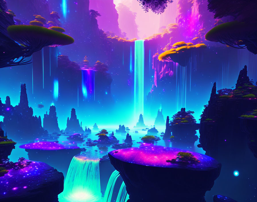 Colorful alien landscape with glowing waterfalls, floating islands, and luminescent flora