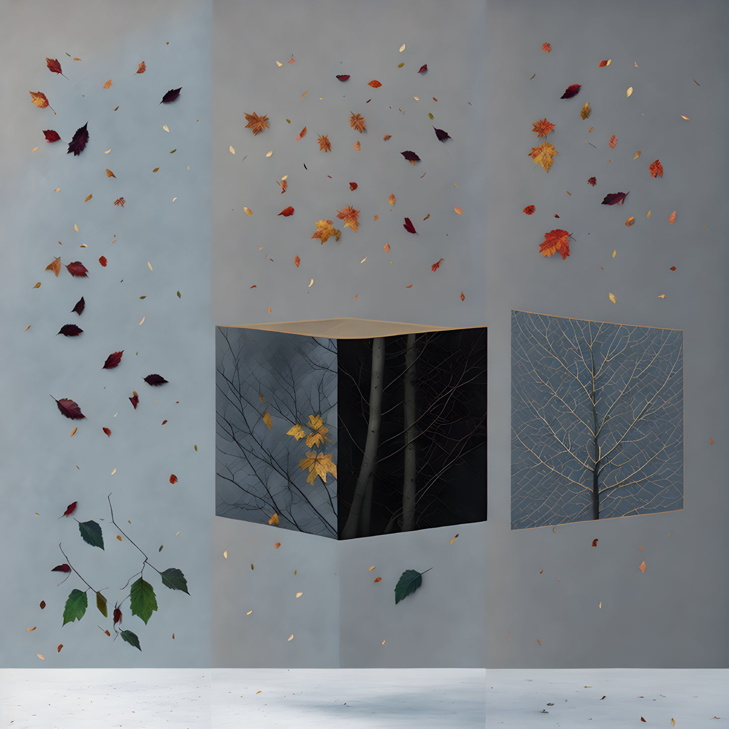 Gray room with scattered autumn leaves and cube-shaped openings showcasing trees and sky.