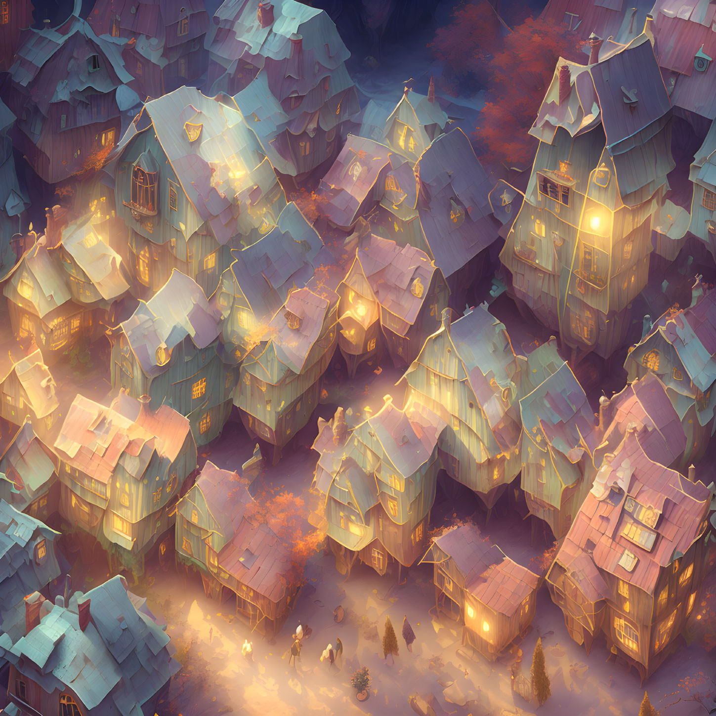 Charming village with clustered houses and steep roofs at dusk