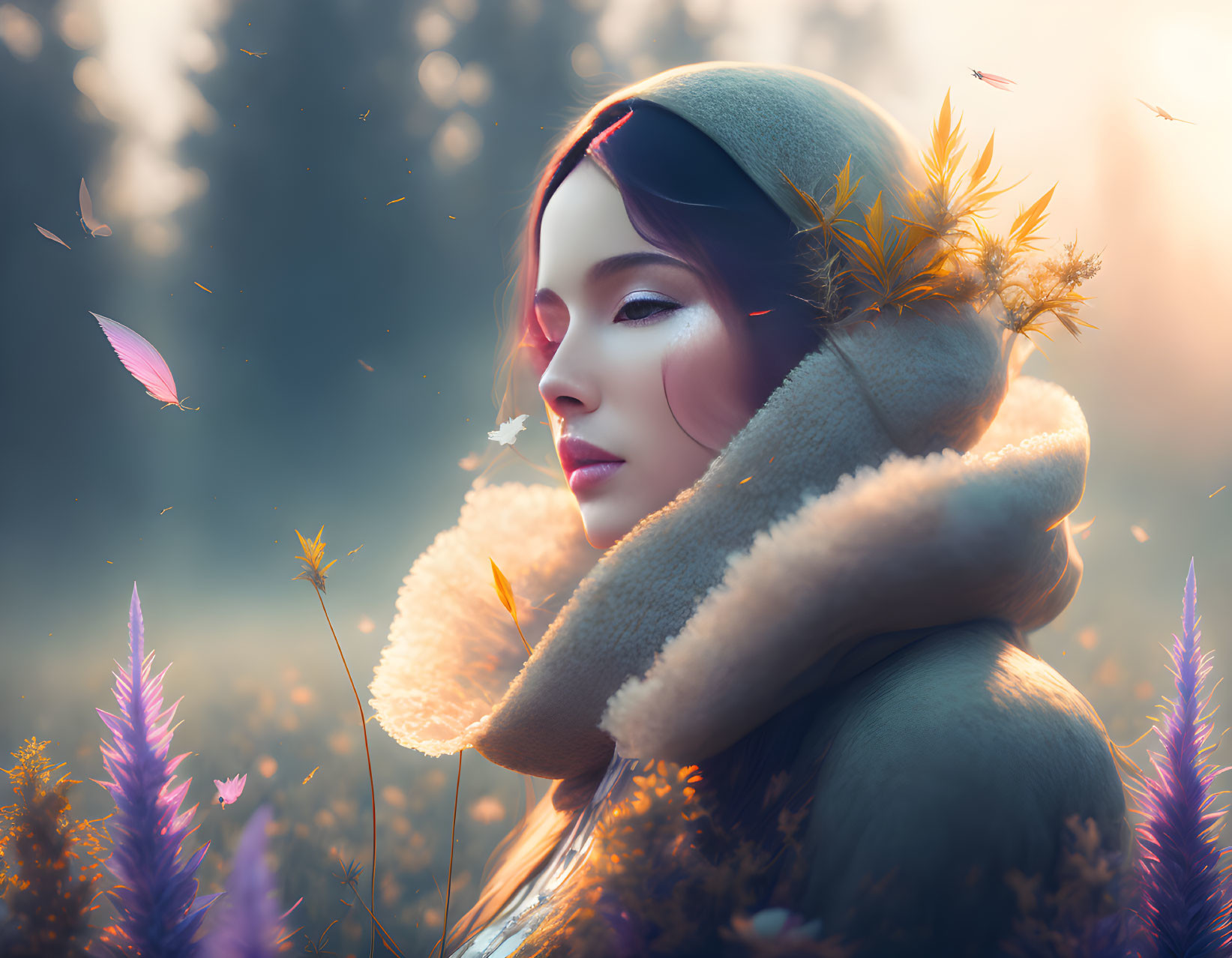 Woman in fur-trimmed coat and beret surrounded by purple wildflowers under warm sunlight