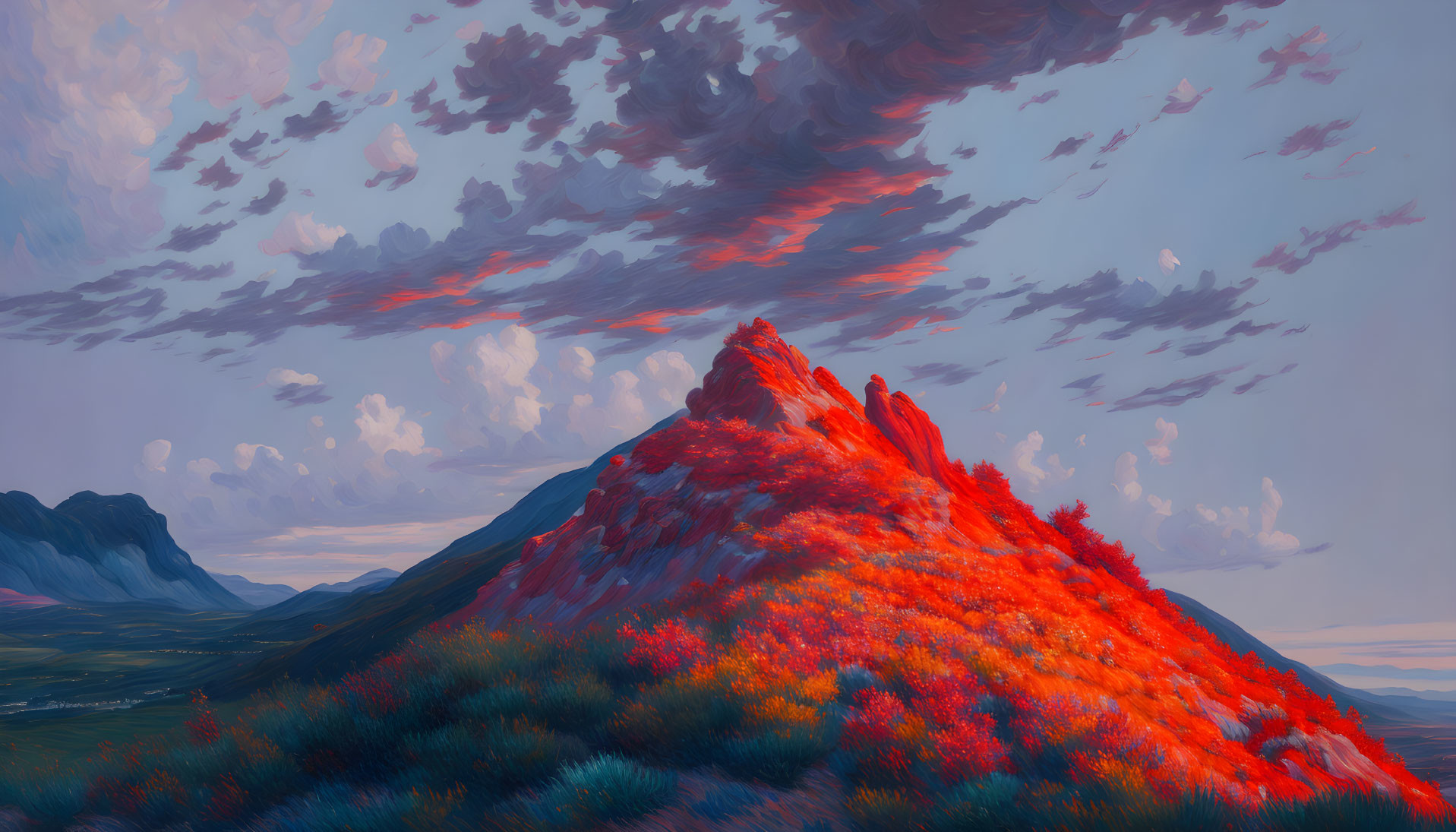 Fiery-red mountain in vibrant landscape at sunset