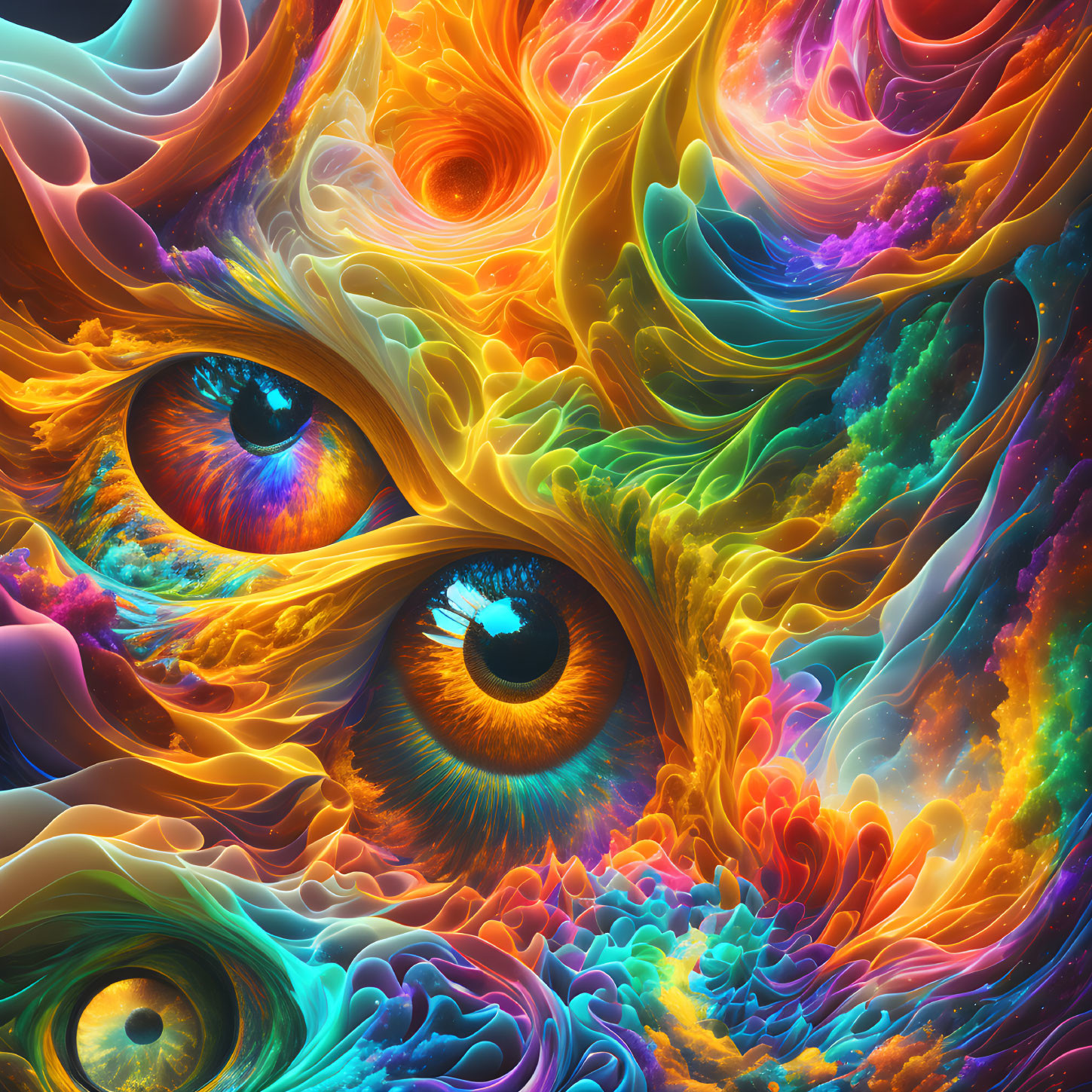 Colorful digital art: swirling patterns and realistic eyes observing.