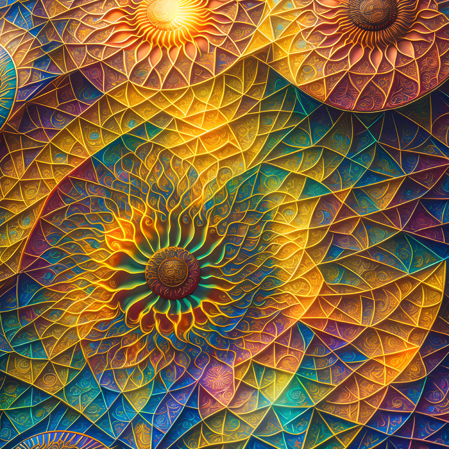 Colorful digital art: Overlapping mandalas with intricate warm patterns