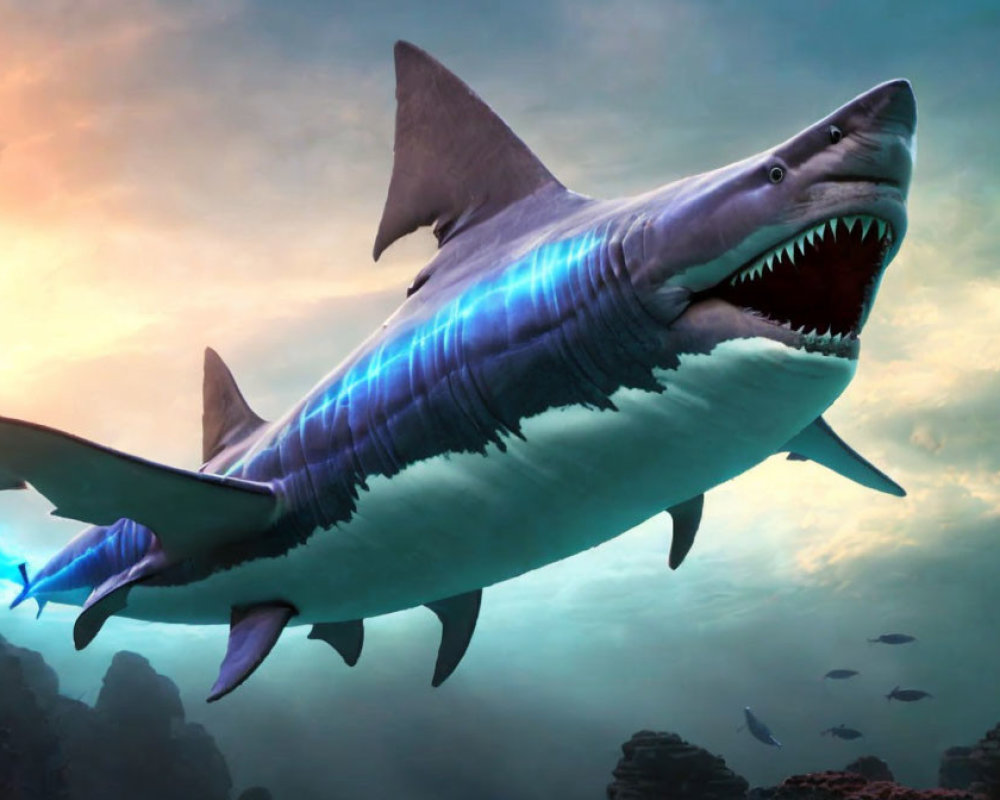 CGI megalodon shark with open mouth and sharp teeth swimming underwater.