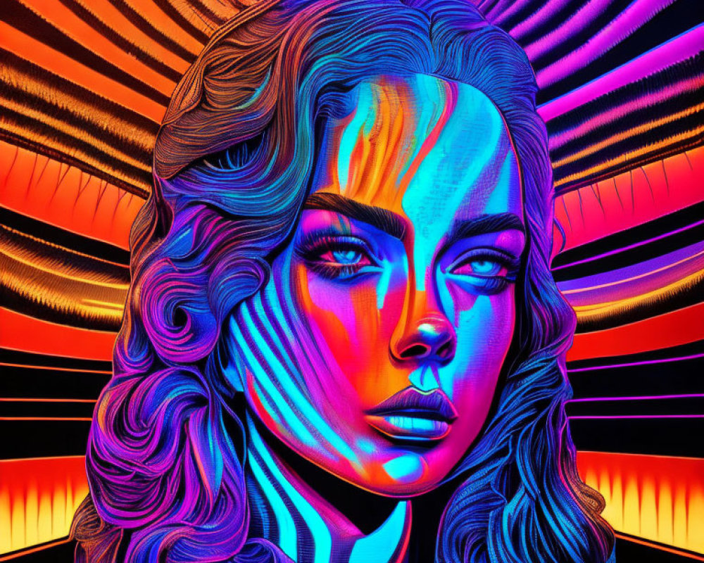 Colorful digital artwork: Woman's face in neon colors and psychedelic patterns