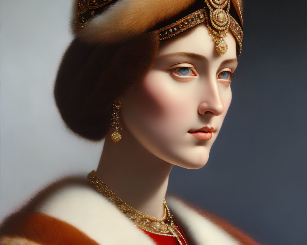 Regal woman portrait with jeweled headdress and fur-trimmed garment