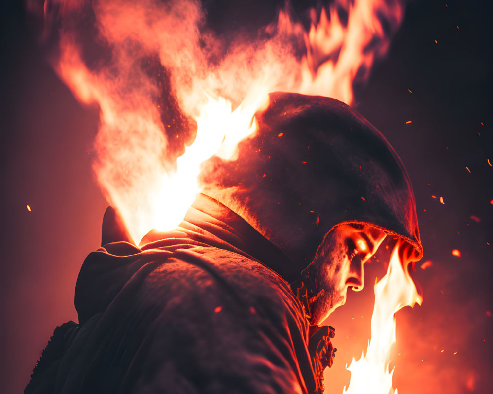 Firefighter in Protective Gear Surrounded by Flames and Sparks at Night