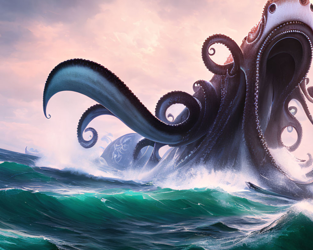 Gigantic octopus in stormy sea with towering tentacles