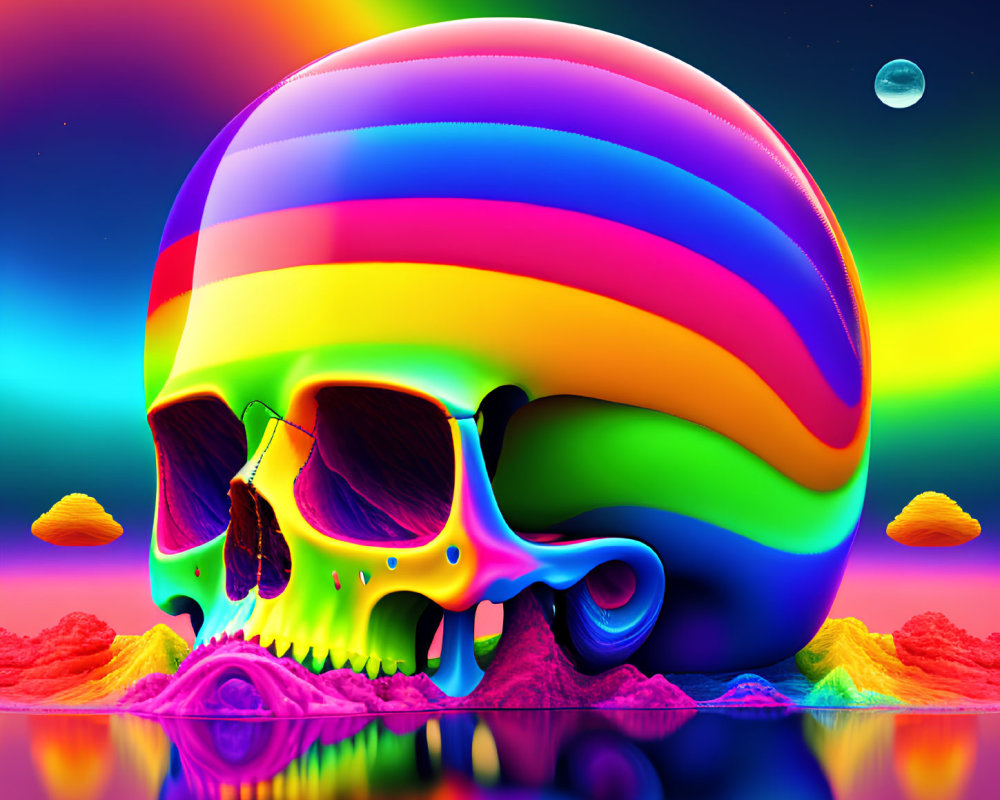 Colorful Skull Against Psychedelic Backdrop with Neon Sky