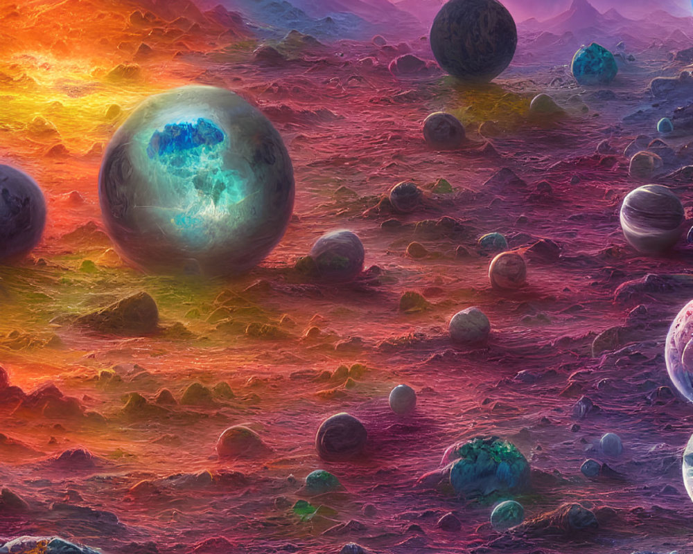 Colorful Alien Landscape with Glowing Celestial Bodies and Nebula-Filled Sky