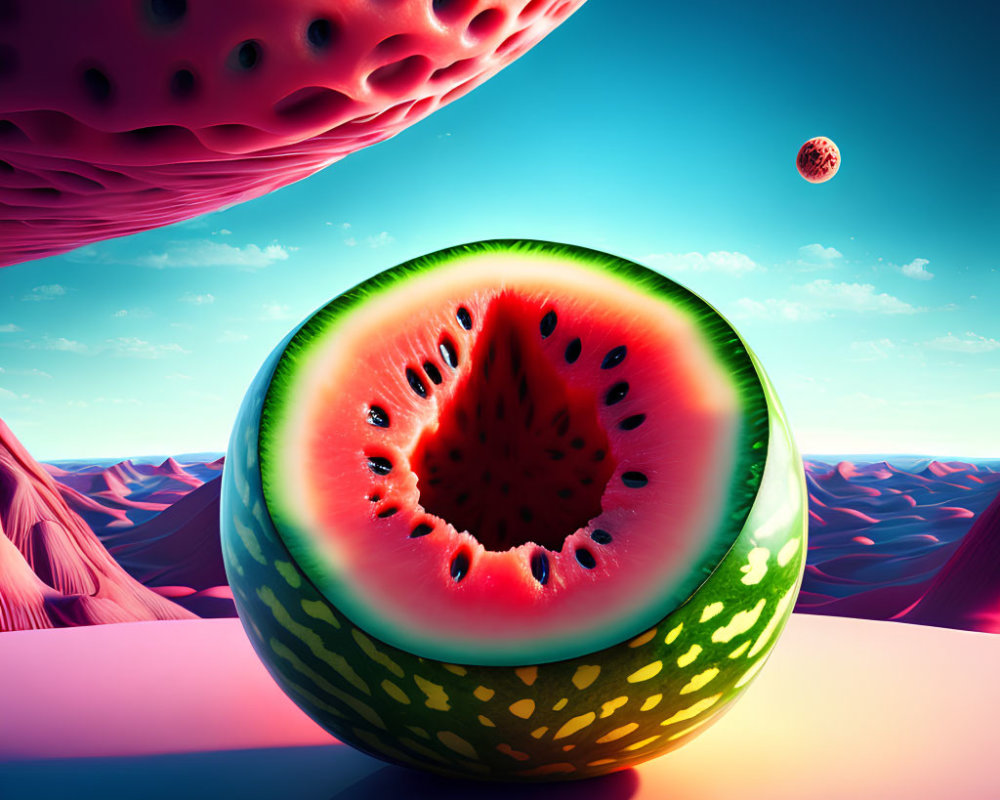 Surreal landscape with sliced watermelon and floating planets