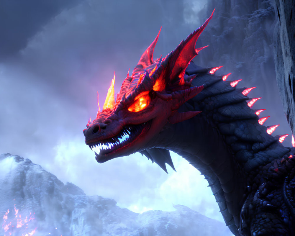 Red-eyed dragon with glowing spikes in snowy mountain landscape