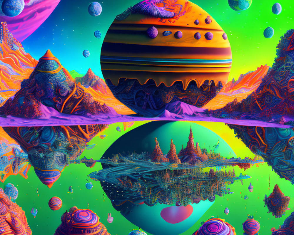 Vibrant Psychedelic Landscape with Mirror Symmetry and Alien Terrains