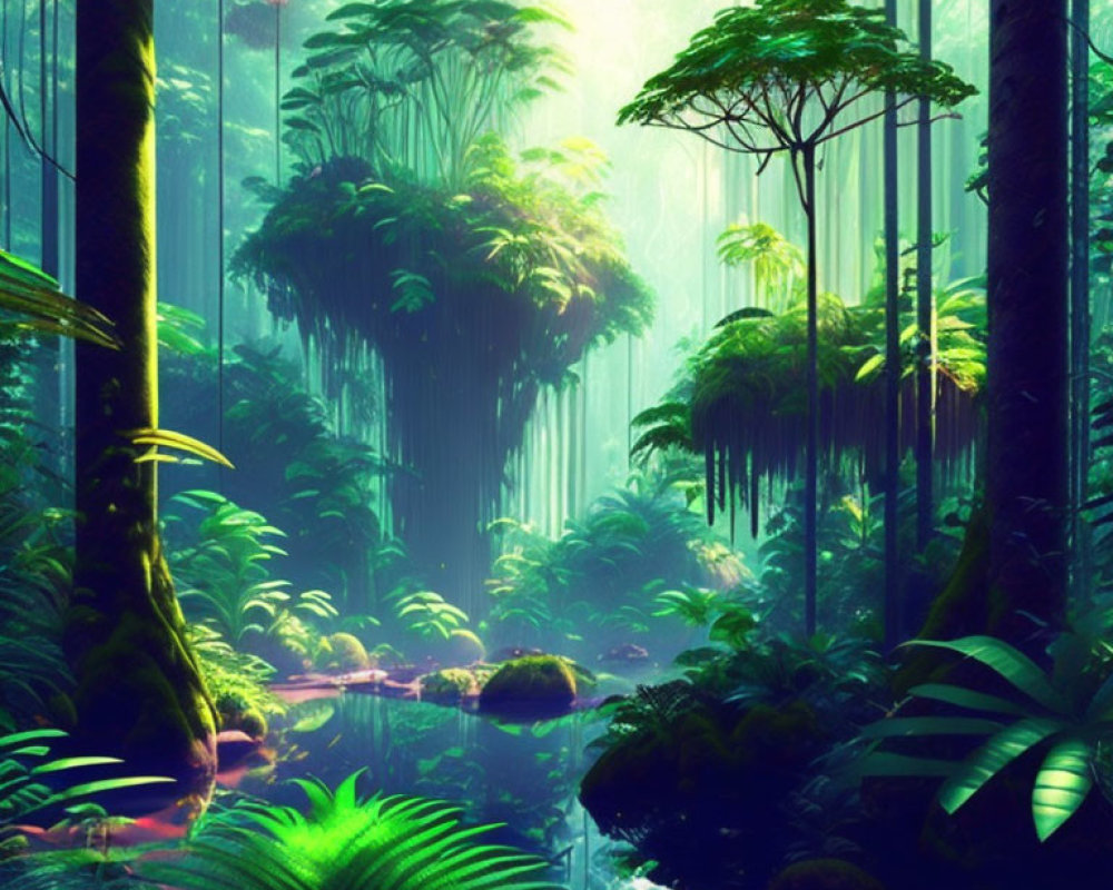 Lush Jungle Scene with Towering Trees and Tranquil Stream