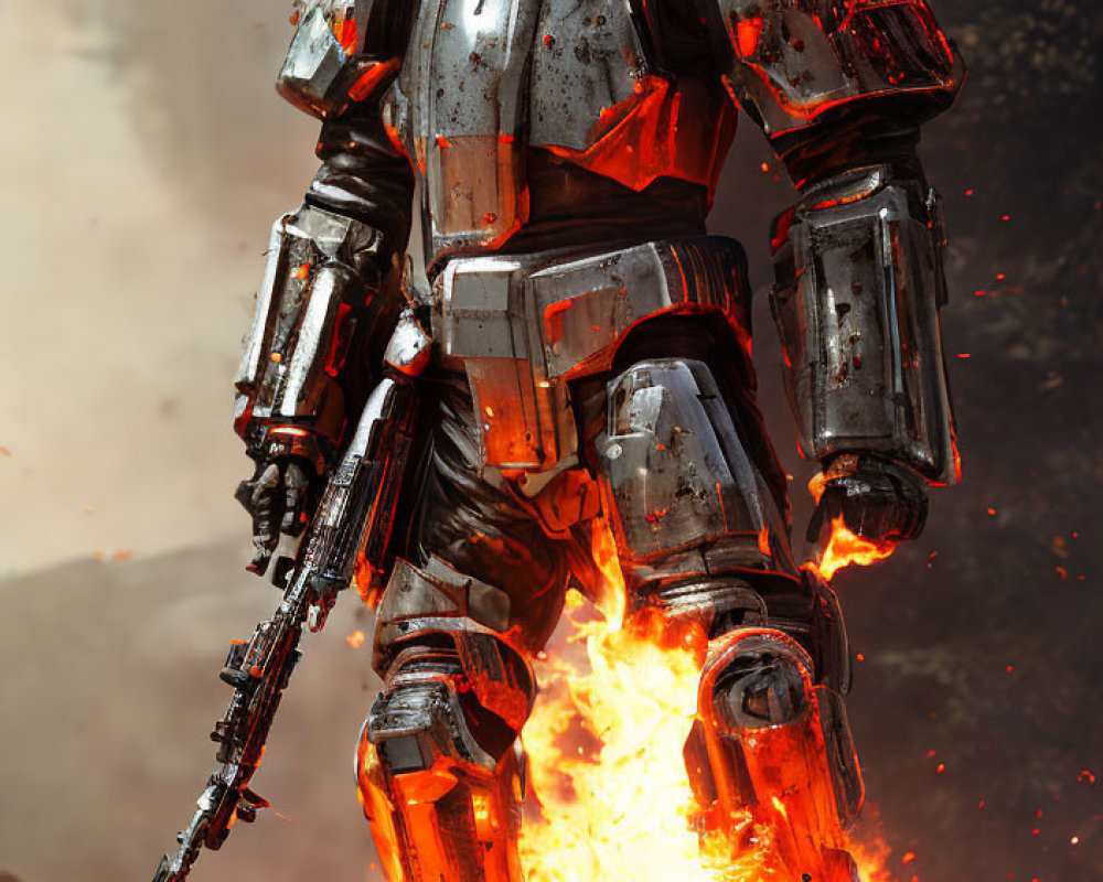 Futuristic armored soldier in flames with sleek helmet and rifle