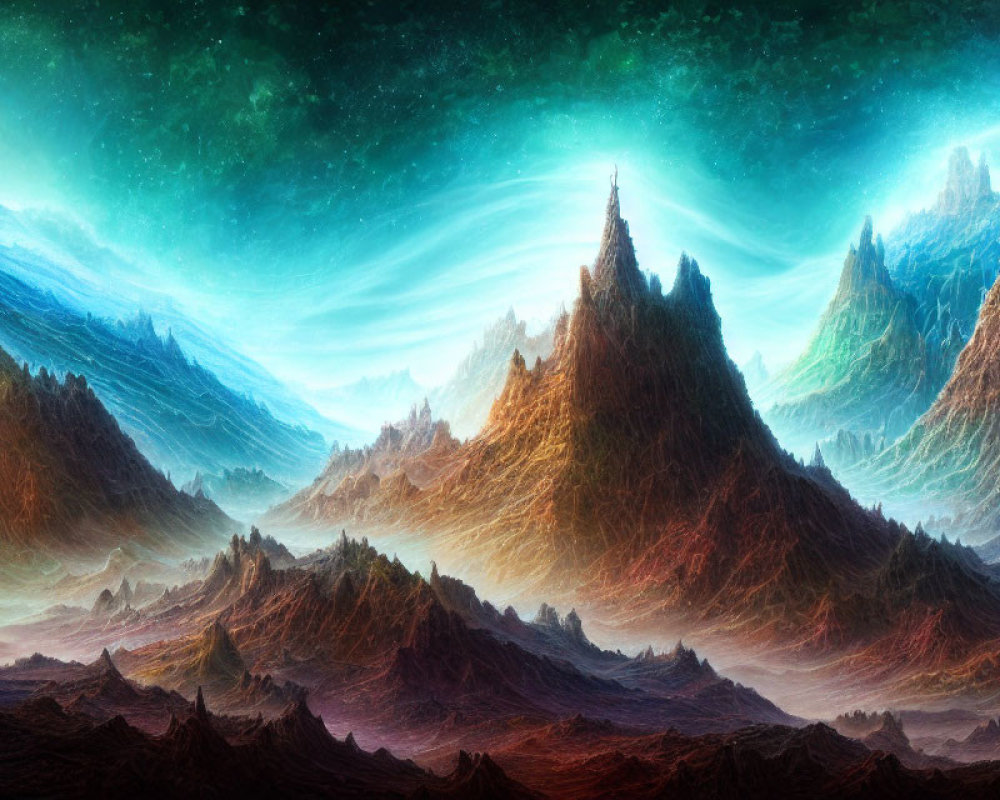 Vibrant digital artwork: Fantastical mountain landscape under green and blue cosmic sky