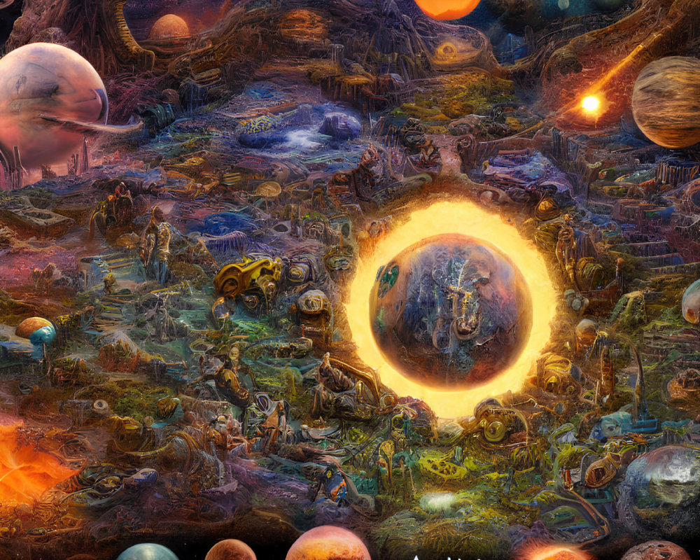 Vivid chaotic cosmic landscape with planets, suns, and glowing portal