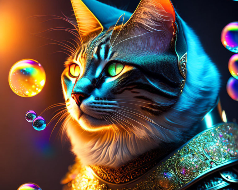 Majestic cat with blue eyes in golden armor surrounded by bubbles