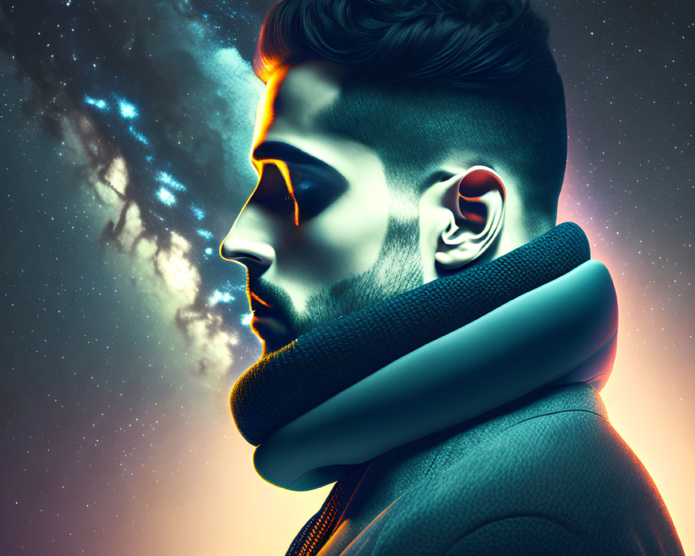 Vibrant neon colors illuminate profile of man against starry night sky