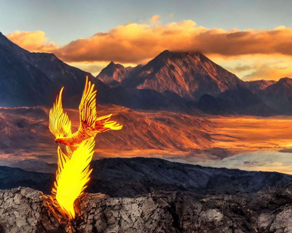 Majestic Phoenix Flying Over Glowing Mountains at Sunrise