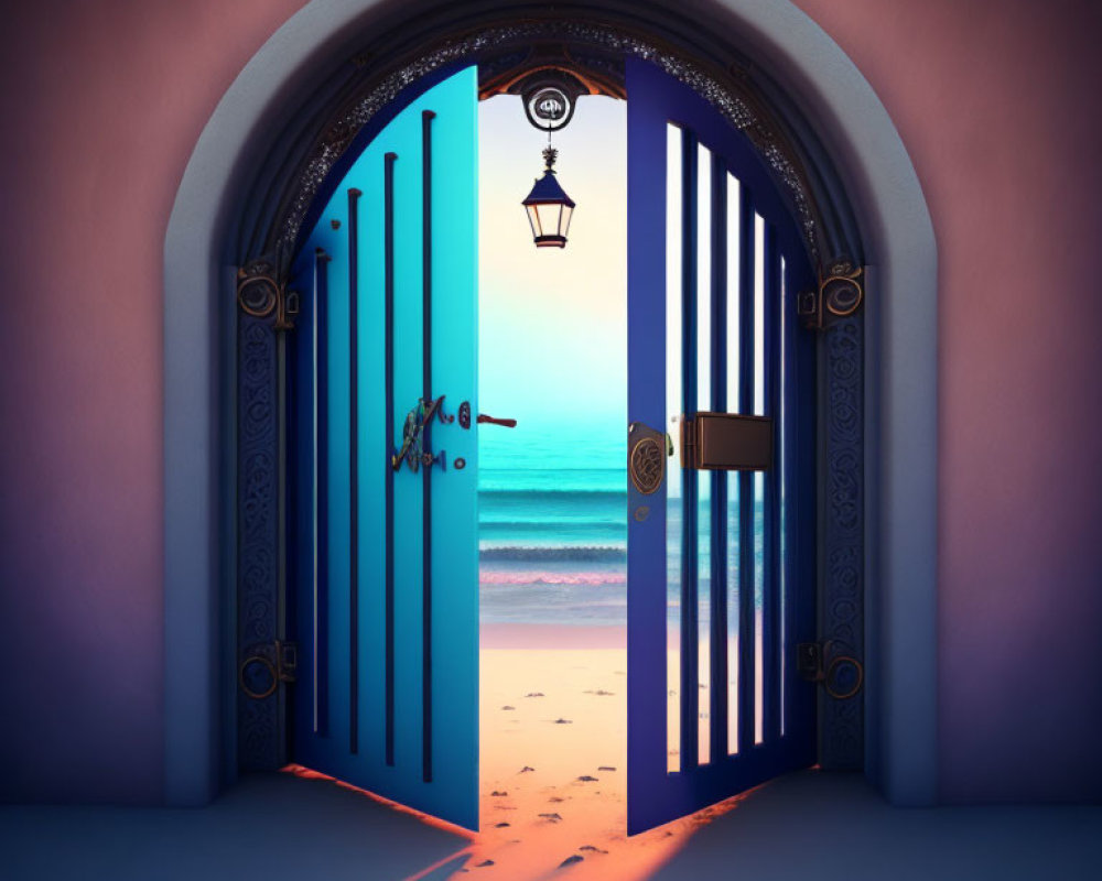 Blue door opens to beach at sunset with waves and lantern.