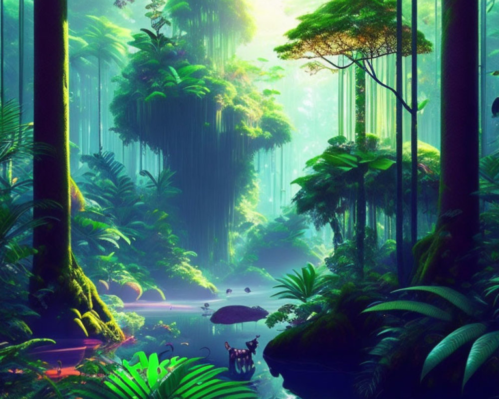 Lush Jungle Scene with Towering Trees and Serene Lake