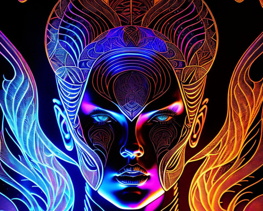 Symmetrical neon patterned figure portrait with headdress