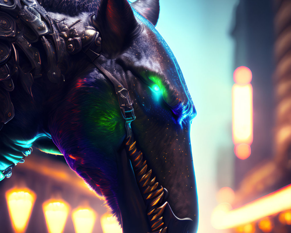 Detailed Cybernetic Wolf Head with Glowing Eyes in Neon-lit Urban Setting