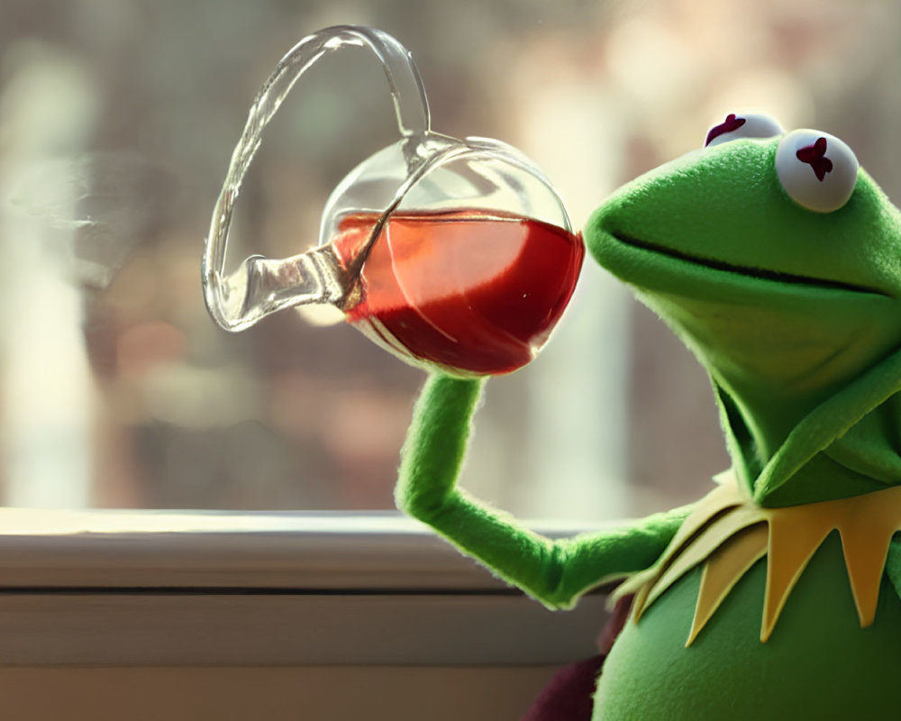 Green frog with teapot by window, looking contemplative