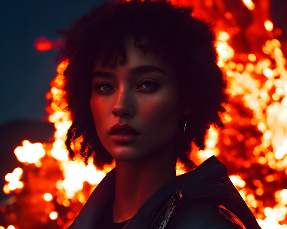 Curly-Haired Woman in Fiery Background with Eerie Red Glow