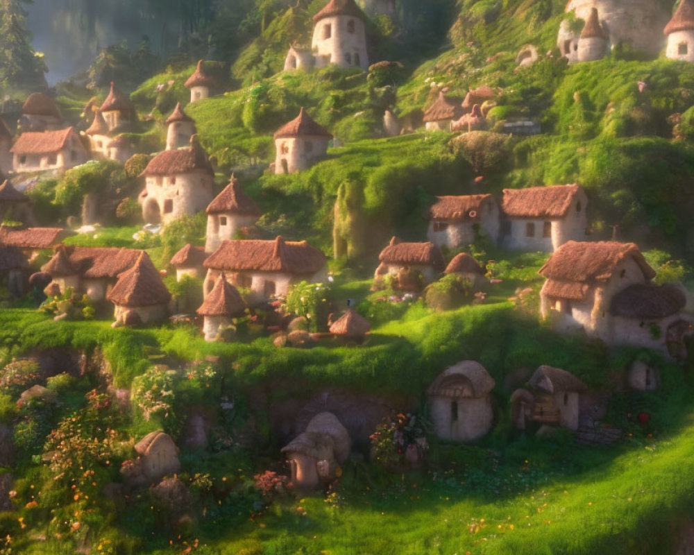 Charming village with mushroom-shaped houses in lush setting