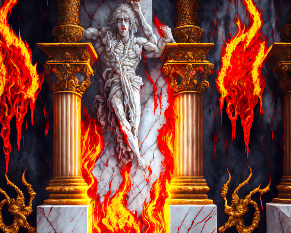 Stone-like mythical figure with white hair and blindfold in fiery fantasy scene