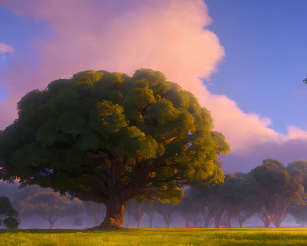 Majestic tree with thick trunk and dense canopy in lush field at sunset