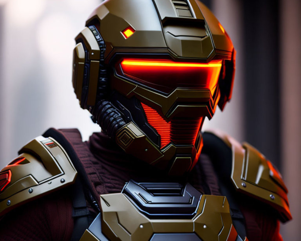 Futuristic armor with glowing red visor and intricate designs