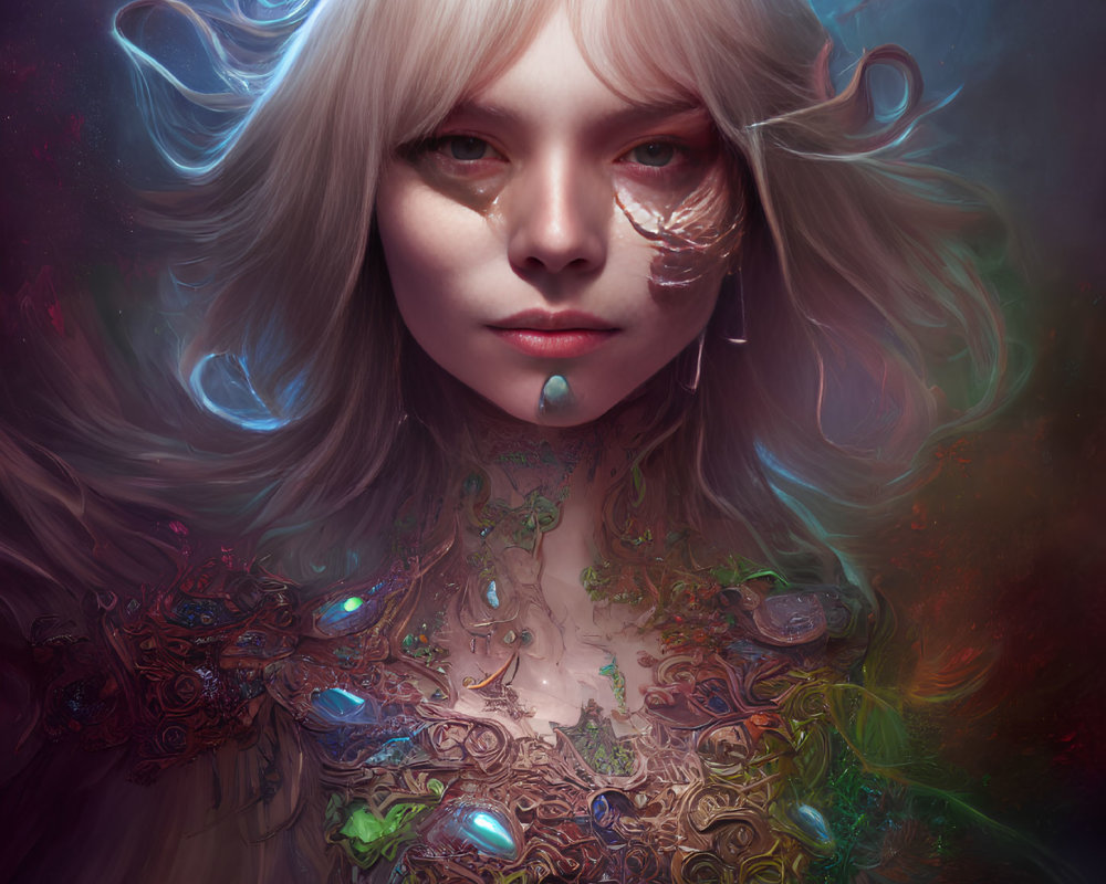 Fantasy portrait: Female with silver hair, crystalline tear, scarred eye, ornate attire