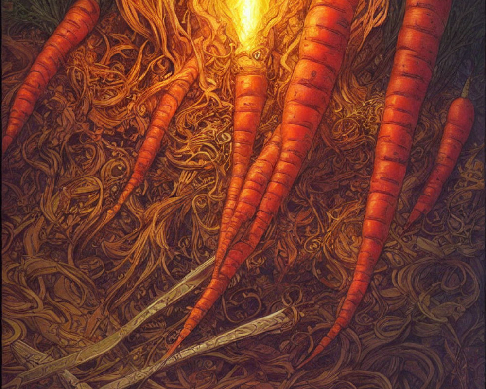 Glowing underground illustration of oversized carrots with tangled roots