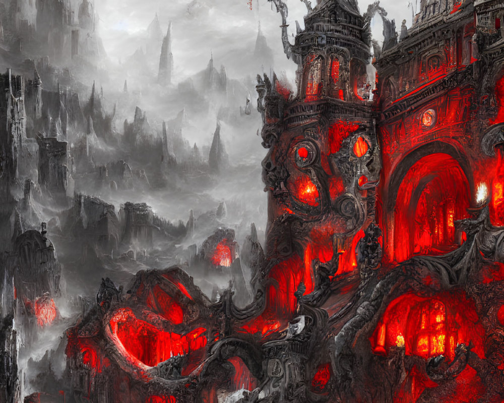 Gothic landscape with towering spires and red glowing windows