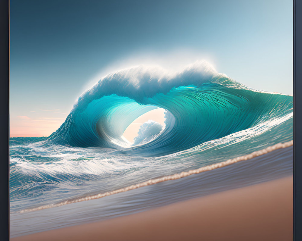 Aqua Blue Wave Curling Against Sunset Sky on Sandy Beach