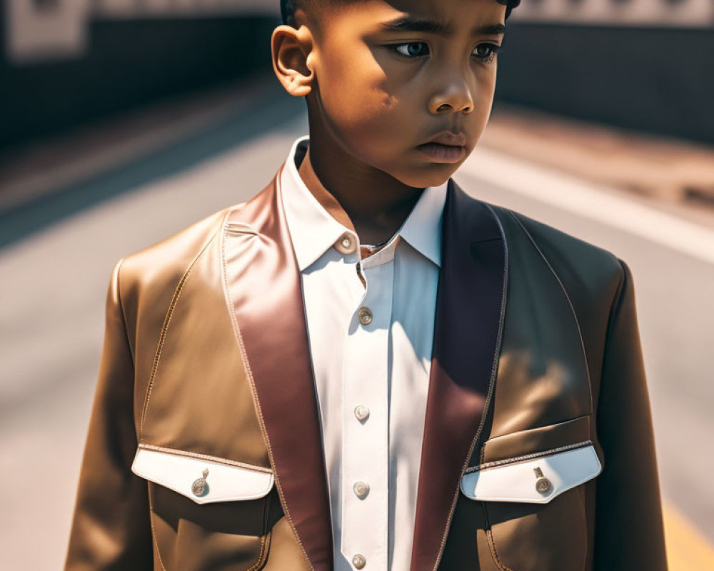 Stylish young boy in chic brown and beige jacket outdoors