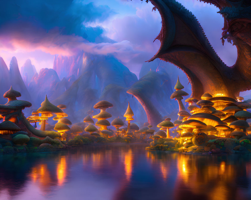 Fantastical Mushroom Buildings by Serene Lake with Dragon Wing Sky