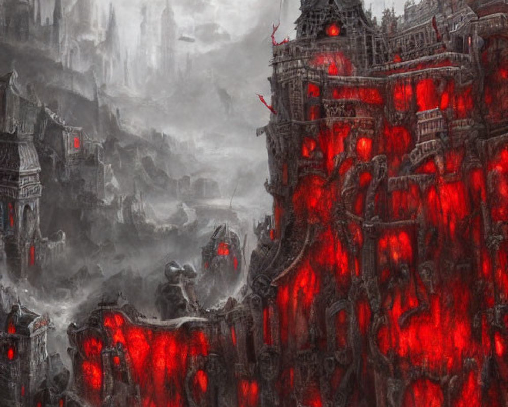 Gothic structures in lava-filled chasm under gloomy sky