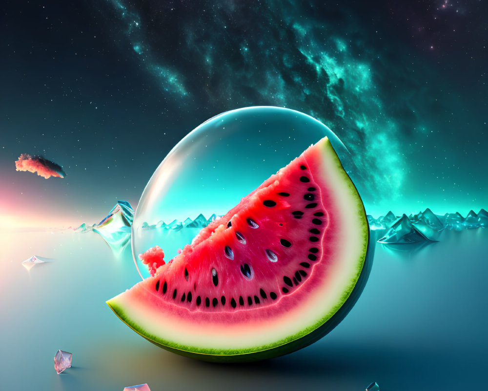 Surreal watermelon slice in cosmic space with stars and crystals