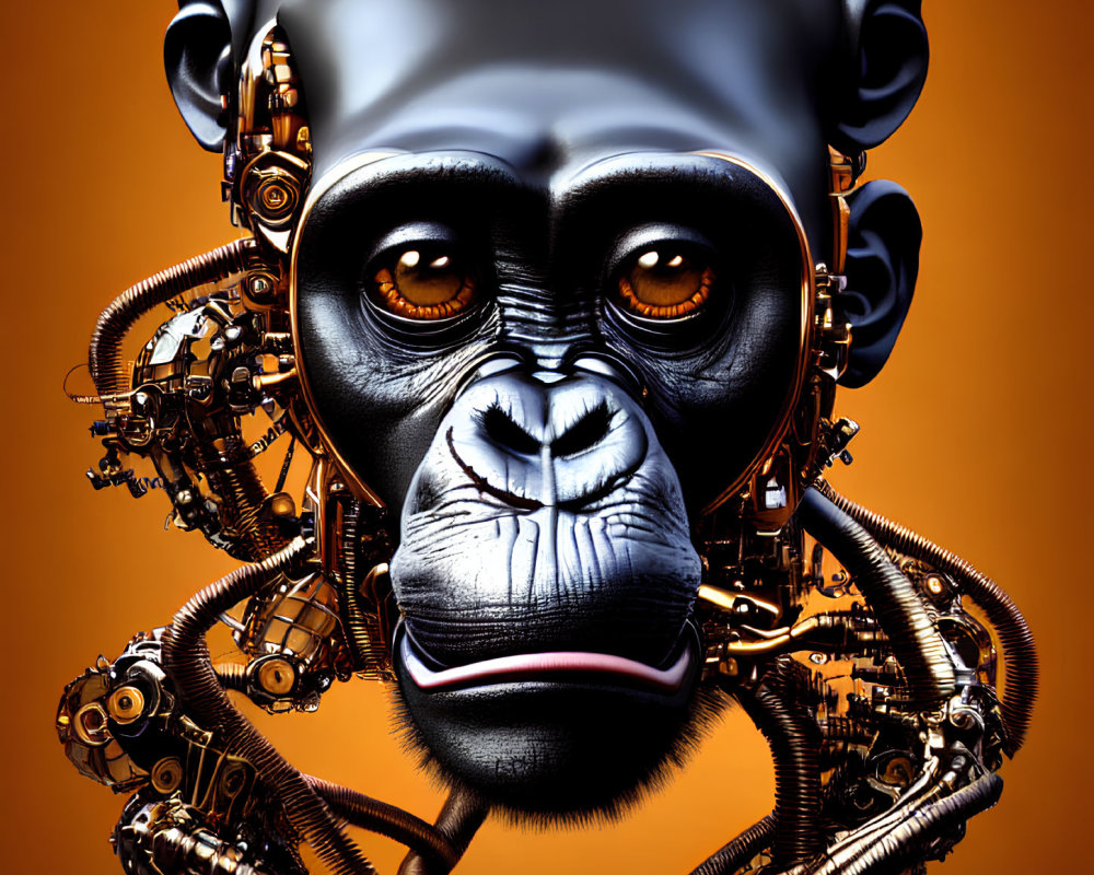 Detailed 3D Illustration: Cybernetic Chimpanzee with Mechanical Components on Orange Background