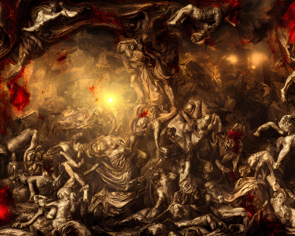 Chaotic fiery scene with figures in turmoil and central glowing light