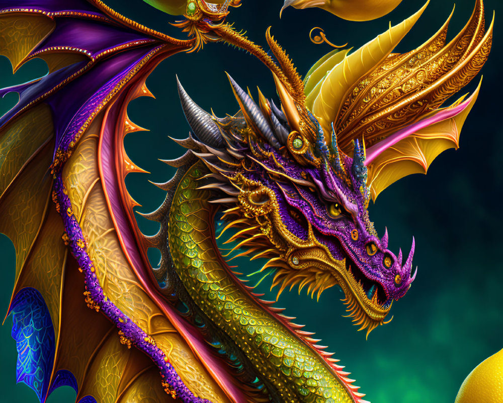 Detailed golden dragon with purple accents and smaller dragons in vibrant digital art.