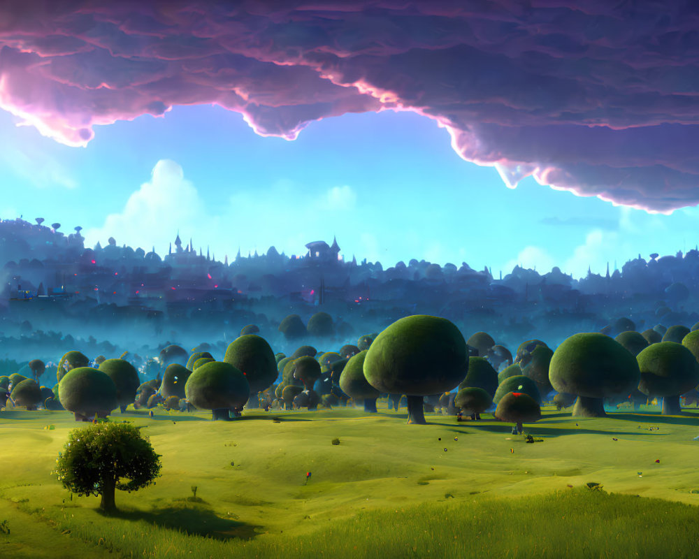 Colorful landscape with round trees, storm cloud, and tranquil town under golden light