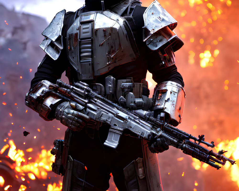 Futuristic soldier in heavy armor with advanced rifle amidst fiery explosions