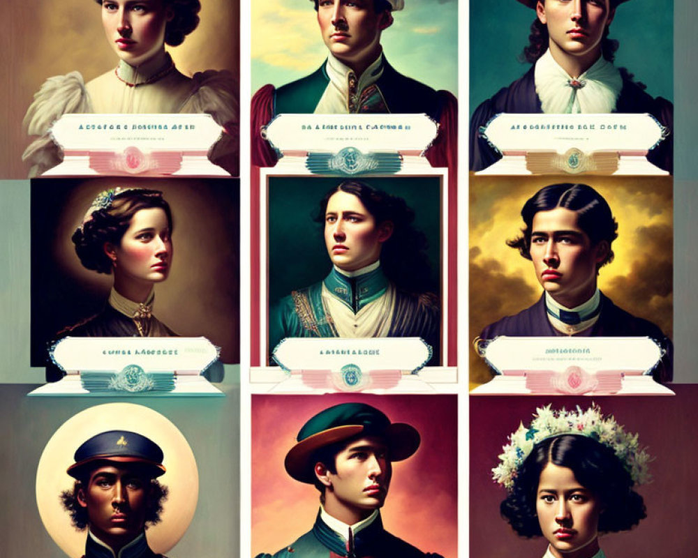 Nine vintage-style portraits of historical figures in themed attire, arranged in a 3x3 grid with