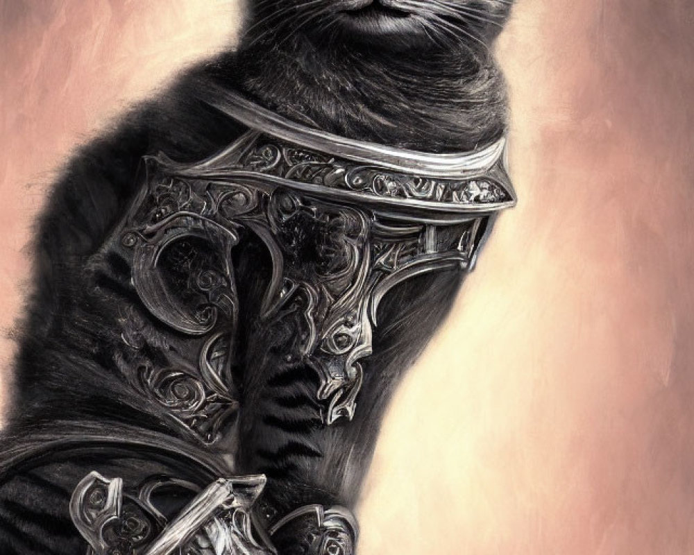 Black Cat in Medieval Armor with Green Eyes: Majestic and Regal Stance