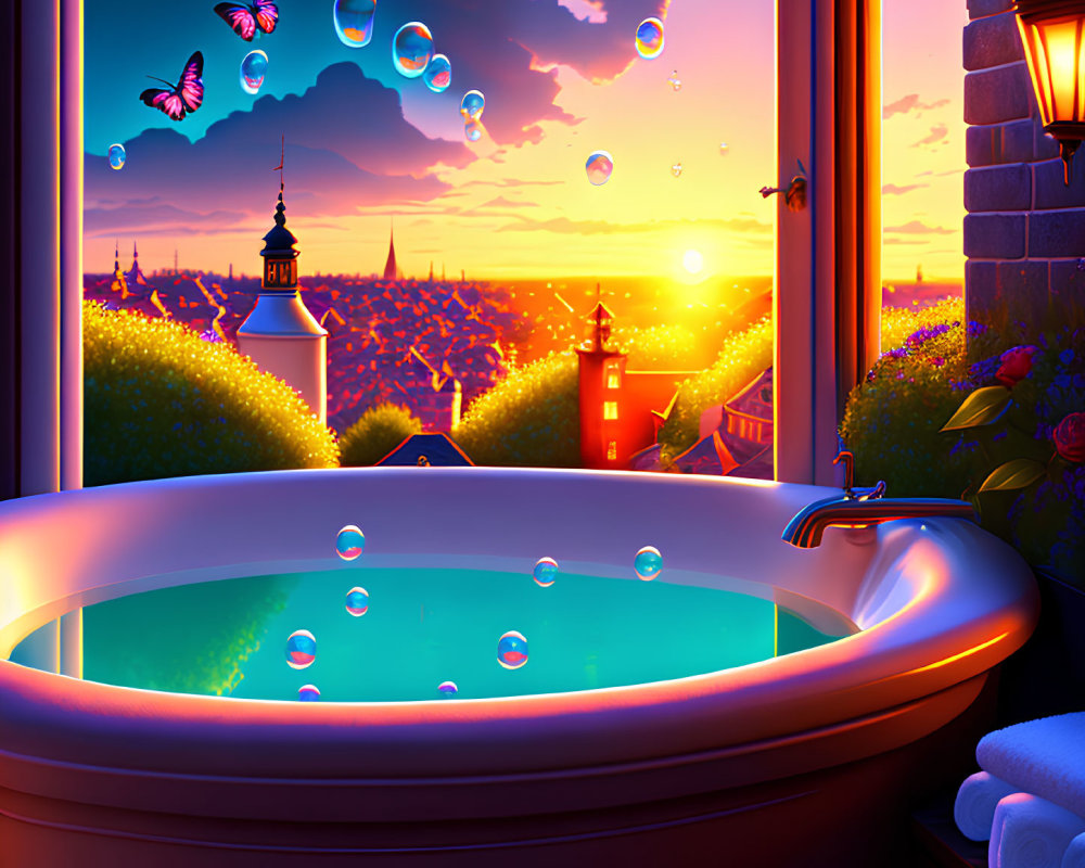 Bathtub overlooking sunset cityscape with butterflies and bubbles.